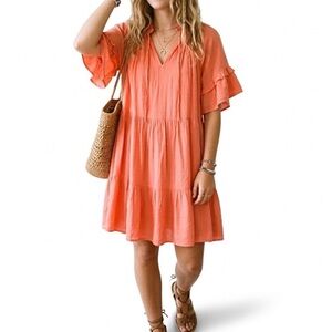 Boho Babydoll Coral Ruffle Tiered Smock Mini Summer Dress Shift TU Clothing